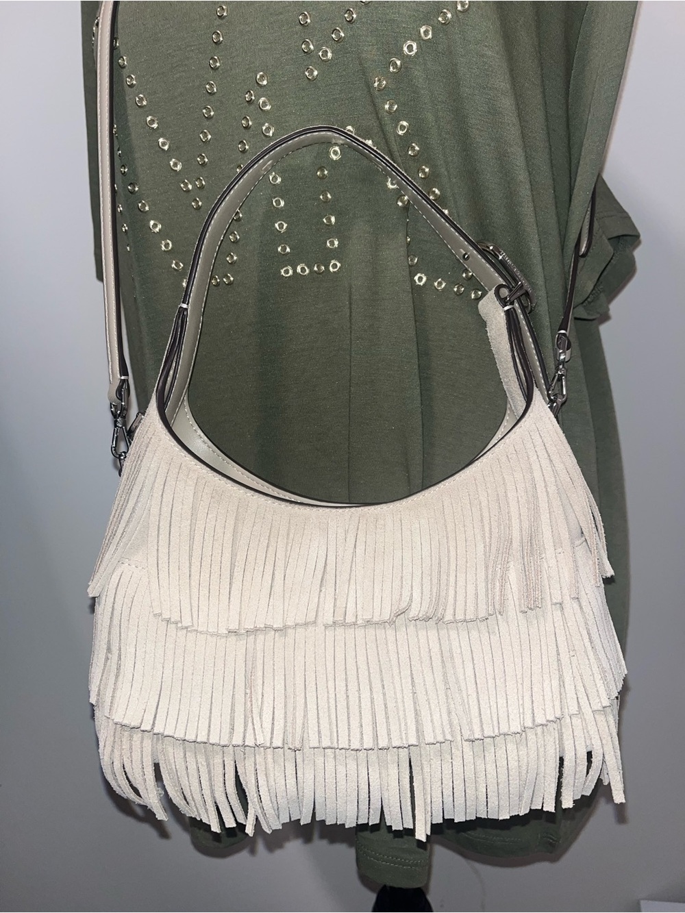 Kate Spade Suede Fringe Mini Crossbody in Light Sand